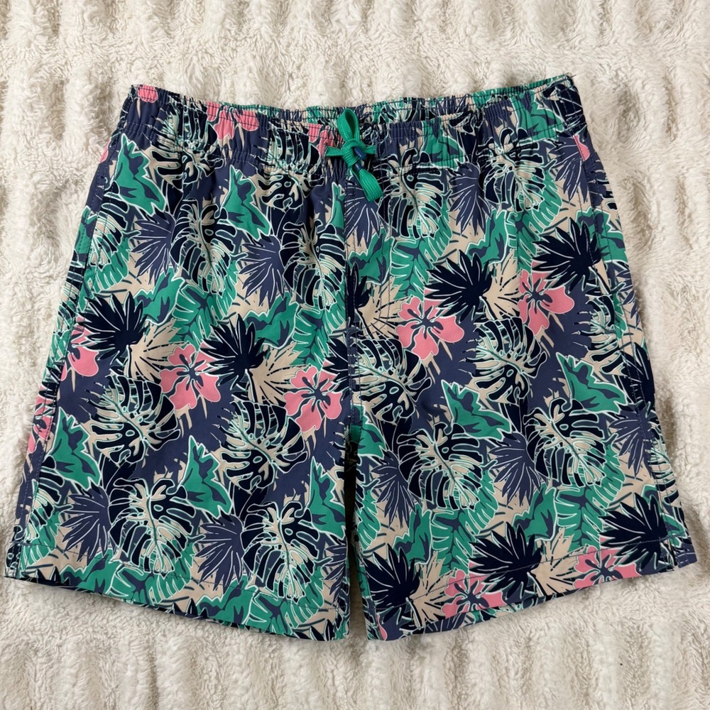 Southern Tide Boys Tropical Floral Swim Trunks Blue Green Pink Large 12-14